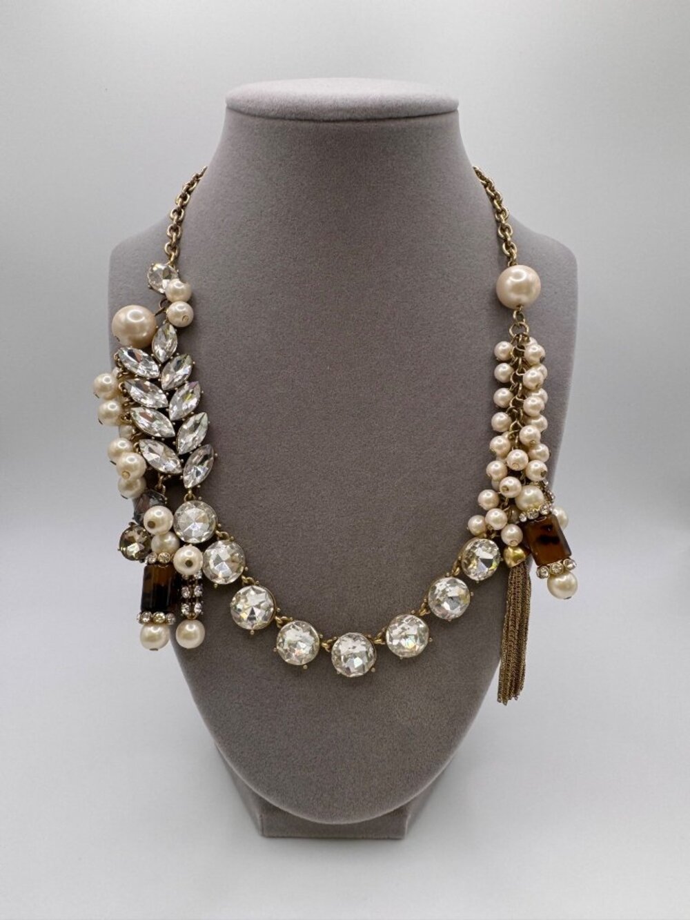 Anne Taylor Factory Faux Pearl Rhinestone Statement Necklace Gold Tone 18”